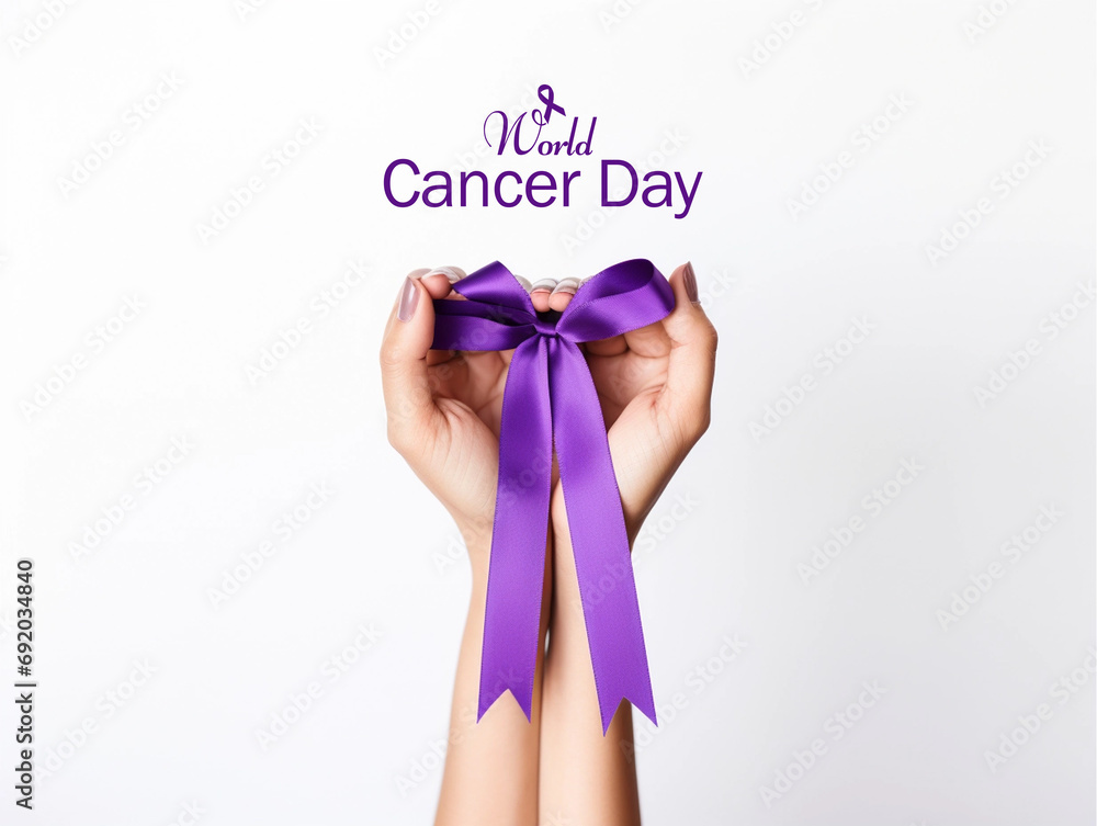 World cancer day, hands holding purple ribbon