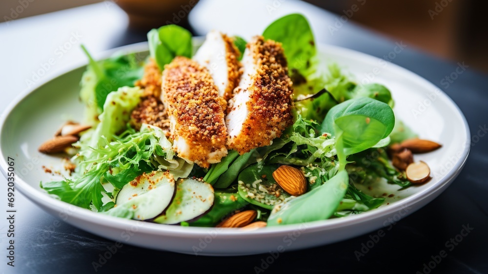 Almond Crusted Chicken Salad: Healthy Salad with Breaded Chicken Over Greens Almond Crusted Chicken Salad: Healthy Salad with Breaded Chicken Over Greens