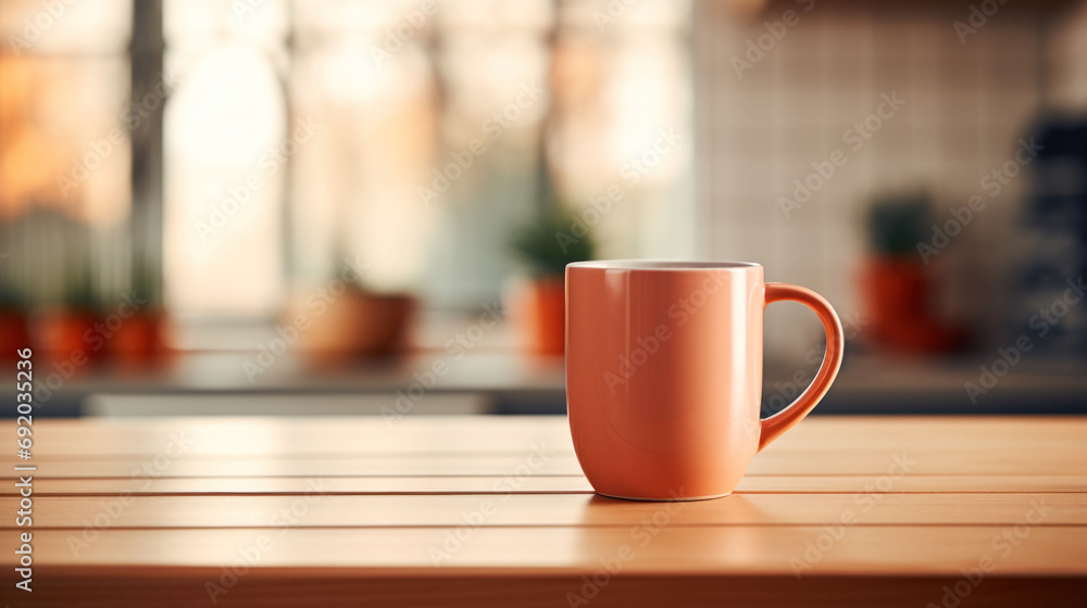 An empty copper mug awaits its morning fill, standing on a wooden kitchen table against a backdrop of a bright and airy kitchen space. Peach Fuzz An empty copper mug awaits its morning fill, standing on a wooden kitchen table against a backdrop of a bright and airy kitchen space. Peach Fuzz