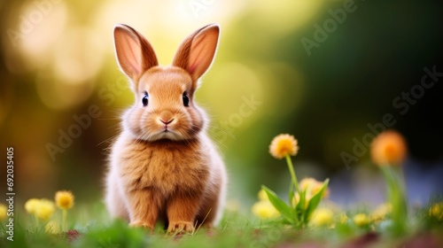 Banner of a cute, fluffy Easter bunny sees on a lawn with green grass and flowers. Spring background. © Anastasiya
