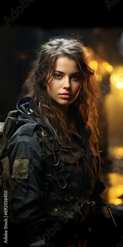 Beautiful young girl in full length military uniform with weapon in hands