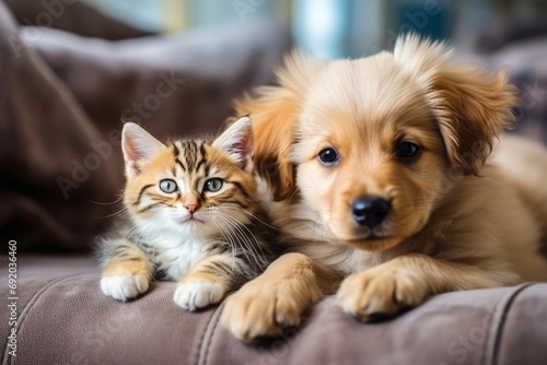 Cute little kitten cat and cute puppy dog together at home on the couch © leriostereo