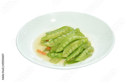 stir fried garden pea in soy sauce vegetarian food on plate