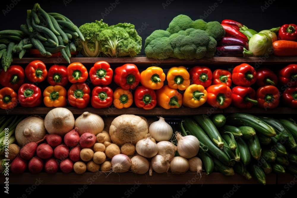 Various fresh vegetables on the shelves