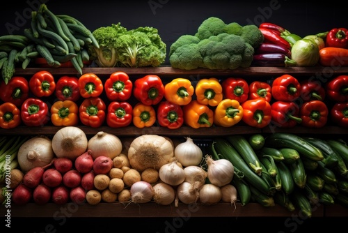 Various fresh vegetables on the shelves