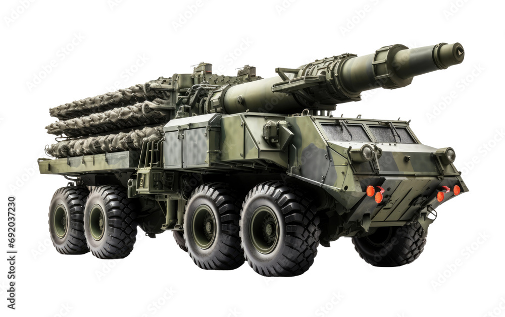 Fototapeta premium Military Rocket Artillery Vehicle on White or PNG Transparent Background.