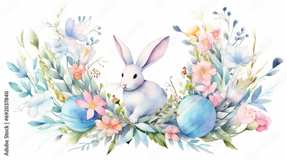 Watercolor Easter wreath bouquet of spring flowers and painted eggs in pastel colors with a white cute hare in the middle. Congratulatory motive. Happy Easter concept. Watercolor Easter wreath bouquet of spring flowers and painted eggs in pastel colors with a white cute hare in the middle. Congratulatory motive. Happy Easter concept.
