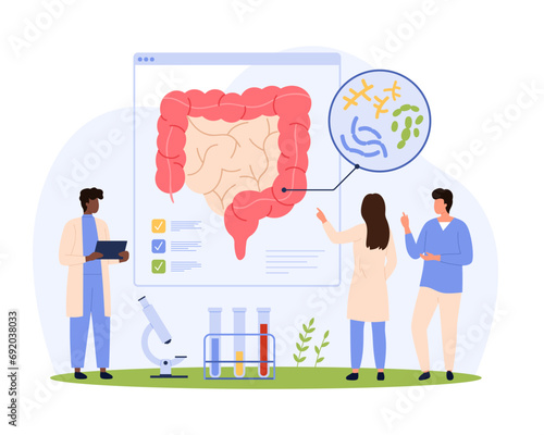 Gut health, healthy microbiome research vector illustration. Cartoon tiny people check composition and types of probiotic bacteria for digestive health, medical gastrointestinal infographics