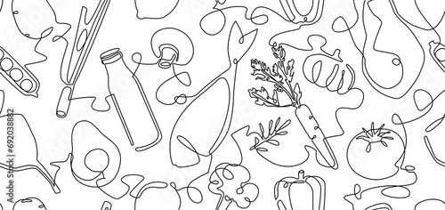 ood. Seamless hand drawn Pattern with Vegetables, Meat, Fish and Beverages. Vector illustration. Continuous line drawing style background.