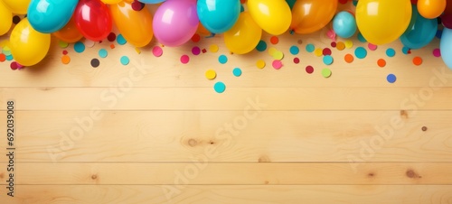 Festive carnival new year's eve celebration birthday party banner texture, greeting card - Fallen colorful multicolored confetti and balloons on rustic brown wooden table background, top view