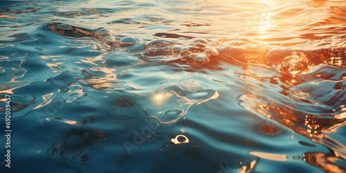 surface de l'eau reflétant les rayons du soleil, ondulations du courant et bulles d'air