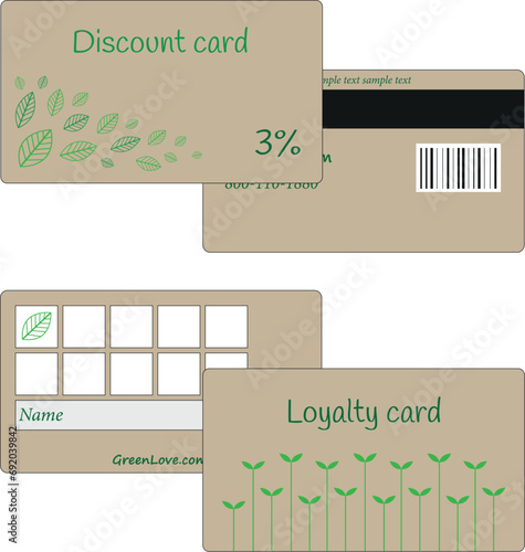 Discount and loyalty cards with leaves, sprouts.
