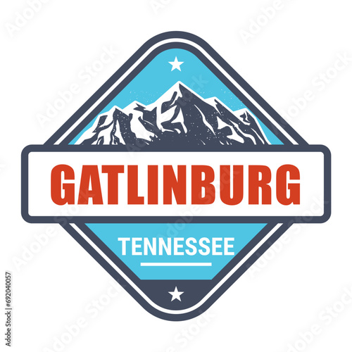 Gatlinburg, Tennessee ski resort stamp, emblem with snow covered mountains, Great Smoky Mountains, vector