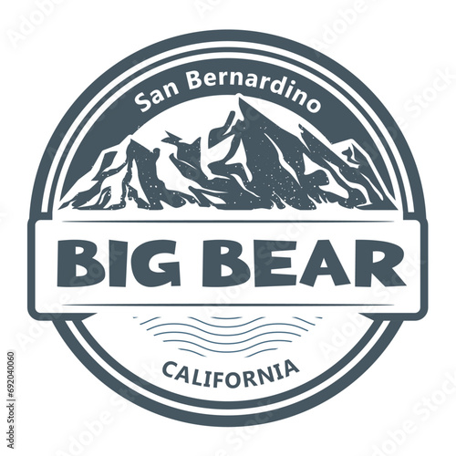 Big Bear City label, California emblem, San Bernardino resort stamp with snow covered mountains, vector photo