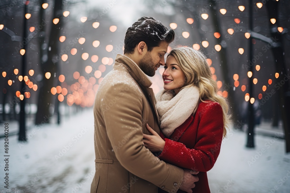 Couple in love hugging in a winter park on a blurred garland background Couple in love hugging in a winter park on a blurred garland background