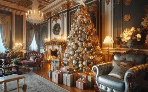 Amazing and cozy christmas living room interior with modular sofa, boucle armchair, wooden consola, candlestick, christmas tree, gifts, decoration and elegant accessories