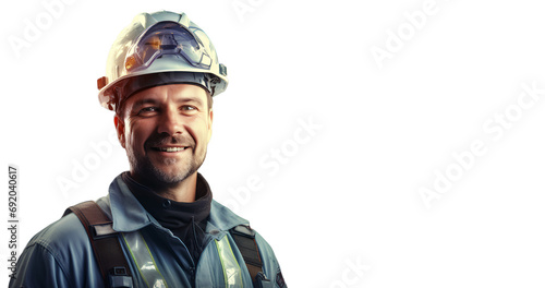 Factory engineer smiling happily on PNG transparent background