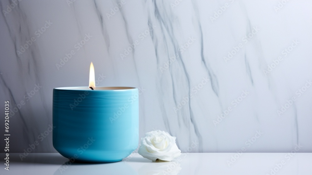 a serene aqua-blue luxury wall candle against a pure white setting, capturing the essence of tranquility and grace.