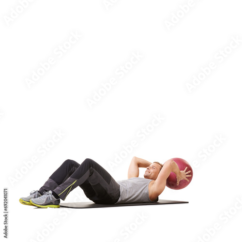 Man, medicine ball and sit up for workout exercise in studio on white background for mockup space, healthy or strength. Male person, sports equipment and training mat, target abs muscle or wellness