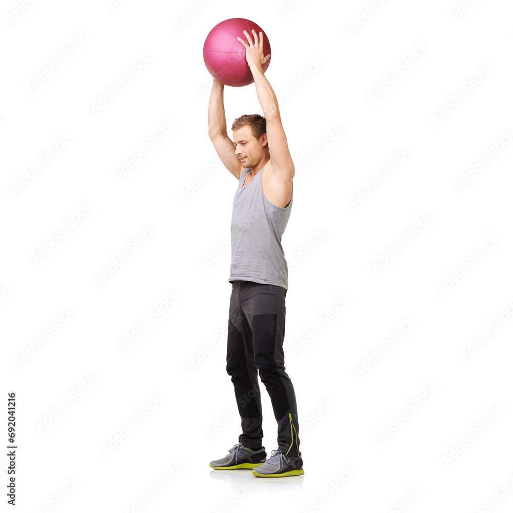 Man, medicine ball and gym workout in studio for training exercise, balance goal or white background. Male person, sports equipment and muscle fitness or mockup space for healthy, cardio or strong Man, medicine ball and gym workout in studio for training exercise, balance goal or white background. Male person, sports equipment and muscle fitness or mockup space for healthy, cardio or strong