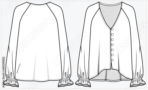 ELASTICATED LONG RALAN SLEEVES TOP WITH V NECKLINE AND FRONT BUTTONED DETAIL FOR WOMEN AND TEEN GIRLS IN  VECTOR ILLUSTRATION FILE