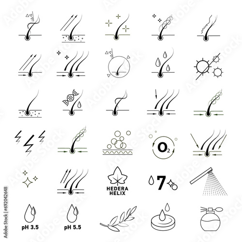 Vector set of pictograms. Hair care and its condition. Trichology, dandruff, hair growth, protection, moisturizing. Therapy. Healthy hair. Black and white graphics.