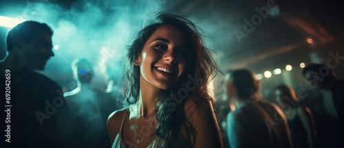 Young girl with curly hair, smiling, having a good time partying in a nightclub