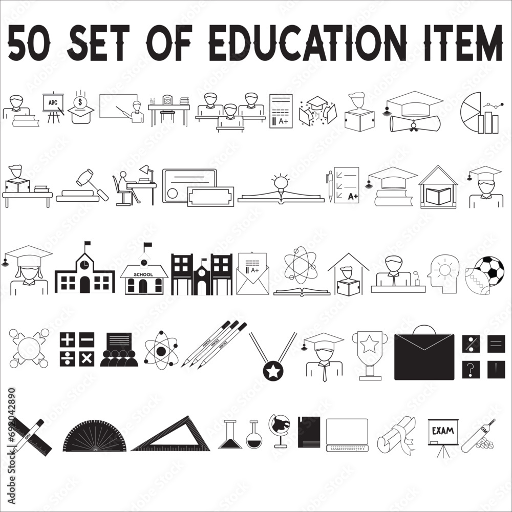 50 Education & Learning Isometric Icons Set. 50 SET OF EDUCATION ITEM. EDUCATION ICON SET 50 - A set of school and educational icons. Contains icons for the services involved in the training.	
