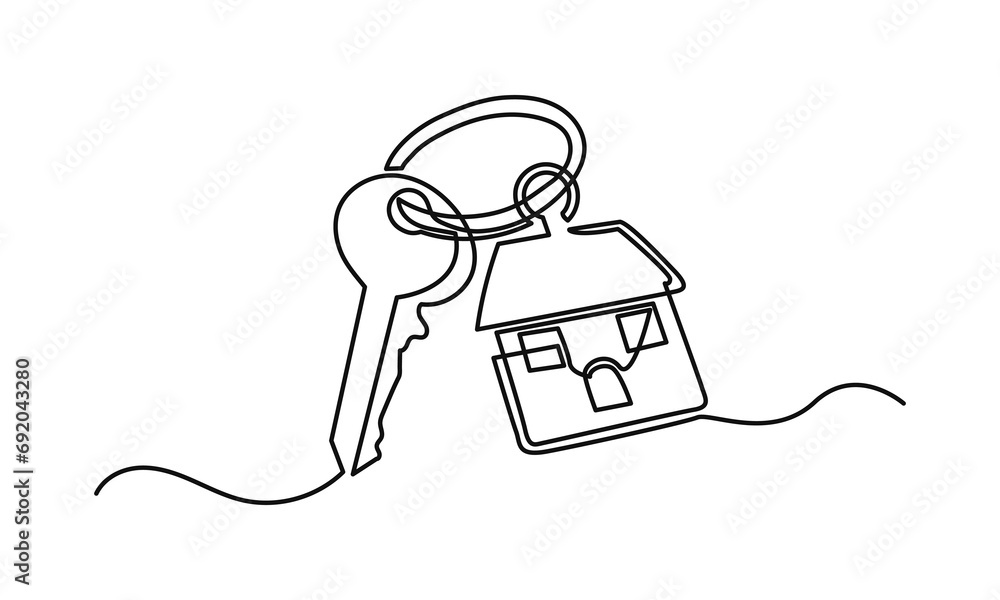Continuous line drawing of a key with a house shape. giving key with house icon single-line art, the concept of apartment, security, real estate, isolate of white background.
Continuous line drawing of a key with a house shape. giving key with house icon single-line art, the concept of apartment, security, real estate, isolate of white background.