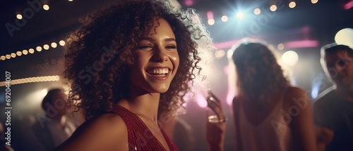 Young girl with curly hair, smiling, having a good time partying in a nightclub
