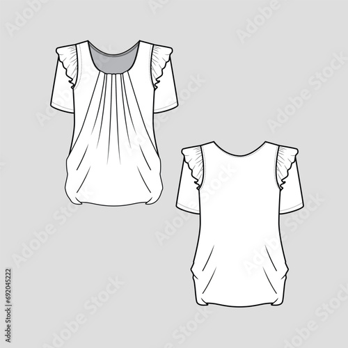 Fashion Draping top Ruffles short Sleeve women draping detail fashion crew neck t shirt top blouse flat sketch technical drawing design template vector