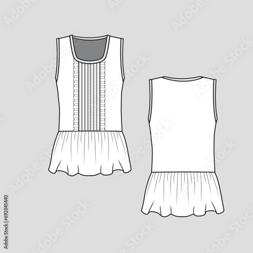 Fashion fill pleat sleeveless top front pleats with frill detail peplum ruffles fashion t shirt flat sketch technical drawing template design vector