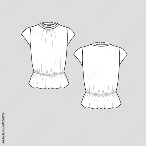 Fashion Frill Neck Elastic Gathering top Cap Sleeve waist elastic gathering detail frills neck gathering  top blouse t shirt Fashion clothing flat sketch technical drawing template design vector