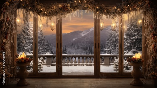 Cozy room with Christmas decor and winter landscape. Generative AI