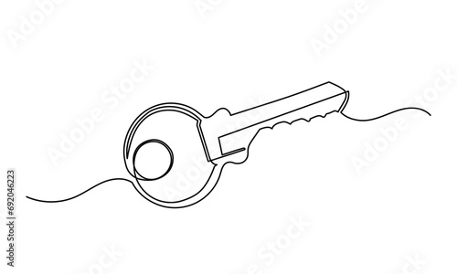 Continuous line drawing of a key. giving key icon single-line art, the concept of apartment, security, real estate, and isolated white background. 