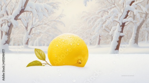 a snowy scene with a solitary lemon, its bright yellow skin contrasting with the pristine white snow, evoking a sense of purity.