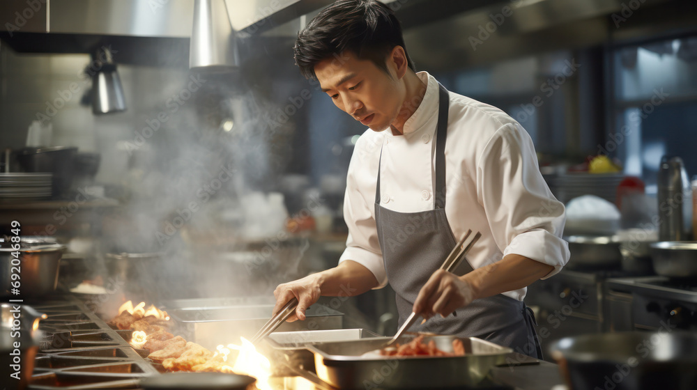Japanese Chef in Crisp White Attire Showcases Expertise in a Minimalist Industrial Kitchen. Japanese Chef in Crisp White Attire Showcases Expertise in a Minimalist Industrial Kitchen.