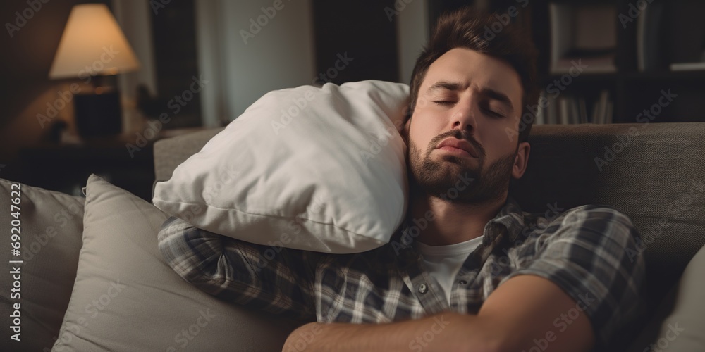 Exhausted man, struggling to stay awake, holds a pillow over his head , concept of Sleep deprivation Exhausted man, struggling to stay awake, holds a pillow over his head , concept of Sleep deprivation