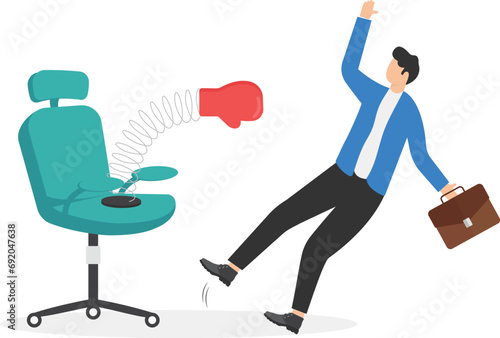 New graduate failed to get job or having less experience than required concept. Unemployment problem of new graduates. Vacant chair knocked down inexperienced candidate with big attached boxing glove.