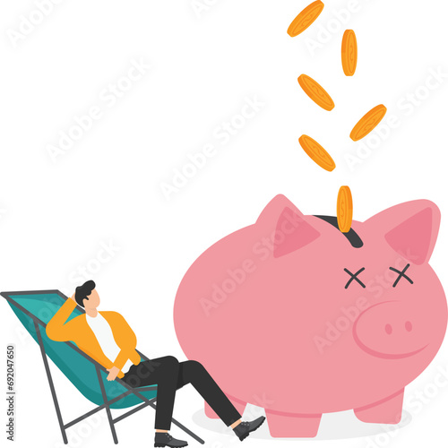 Passive income, making money while doing nothing, relaxing, or sleeping, additional effortless career to increase wealth concept. Businessman sleeping near a piggy bank with dollar coins flowing.

