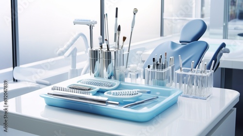 A spotless white tray holding an array of gleaming dental tools  highlighting the importance of oral care and hygiene.