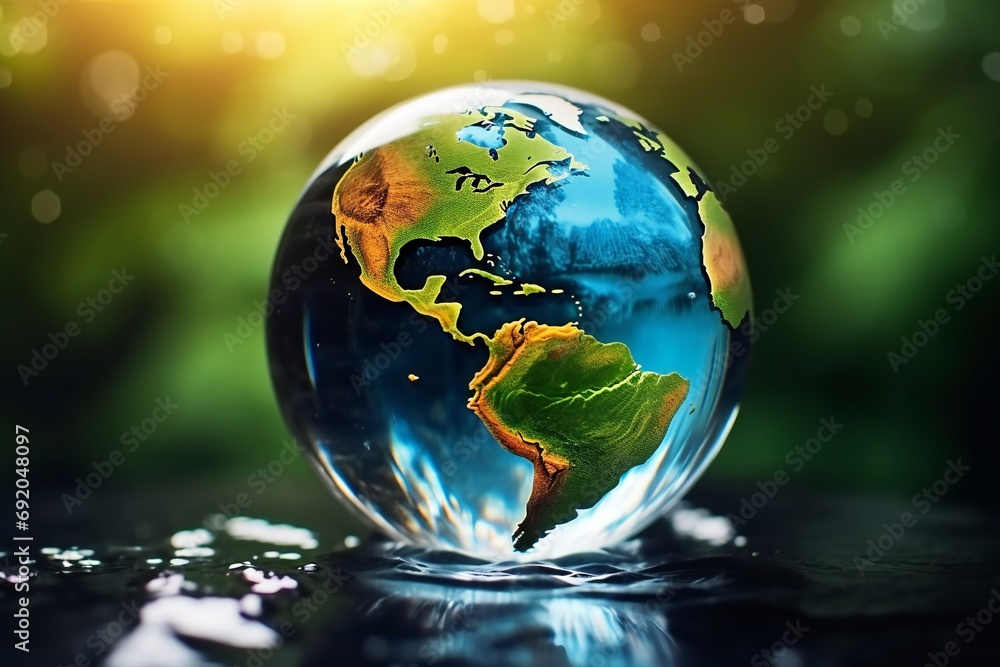 Crystal planet earth falls into the water. Planet Earth in a glass ball on a water background. - obrazy, fototapety, plakaty 