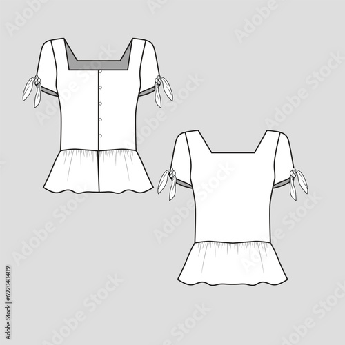 Fashion knotted sleeve Peplum Button panel Elastic Gathering top square neck sleeve knot tie clothing flat sketch technical drawing template design