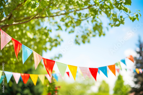 Colorful bunting flags strung in a lush green garden. photo