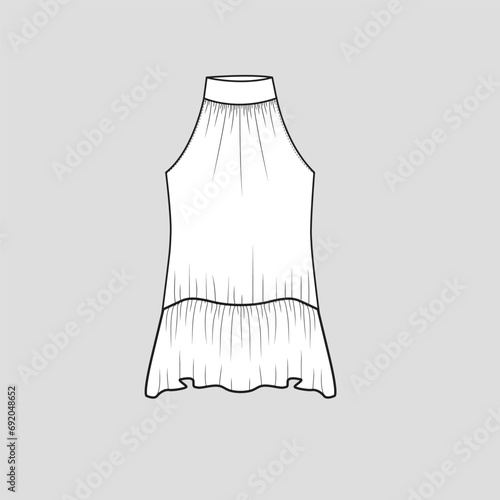 Fashion mock neck Ruffles sleeveless top  turtle neck gathering detail peplum ruffles fashion t shirt top blouse clothing flat sketch technical drawing template design vector