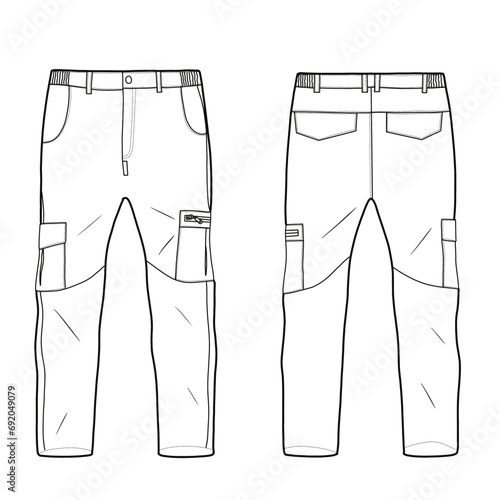 Technical sketch of men's cargo pants vector template, cargo trousers front, and back view, isolated on white background.