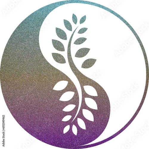 yin yang mit Pflanze in türkis-gelb-violett Glitzer Textur mit transparentem Hintergrund