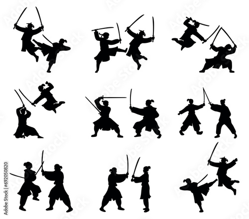 Collection of silhouette illustrations of battle fighting samurai ninja