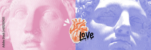 Greece modern face banner for Valentine's day decoration. Male and female faces of antique statues eyes. Halftone effect for collage. Engraved wave texture. Vintage elements set. Vector illustration.