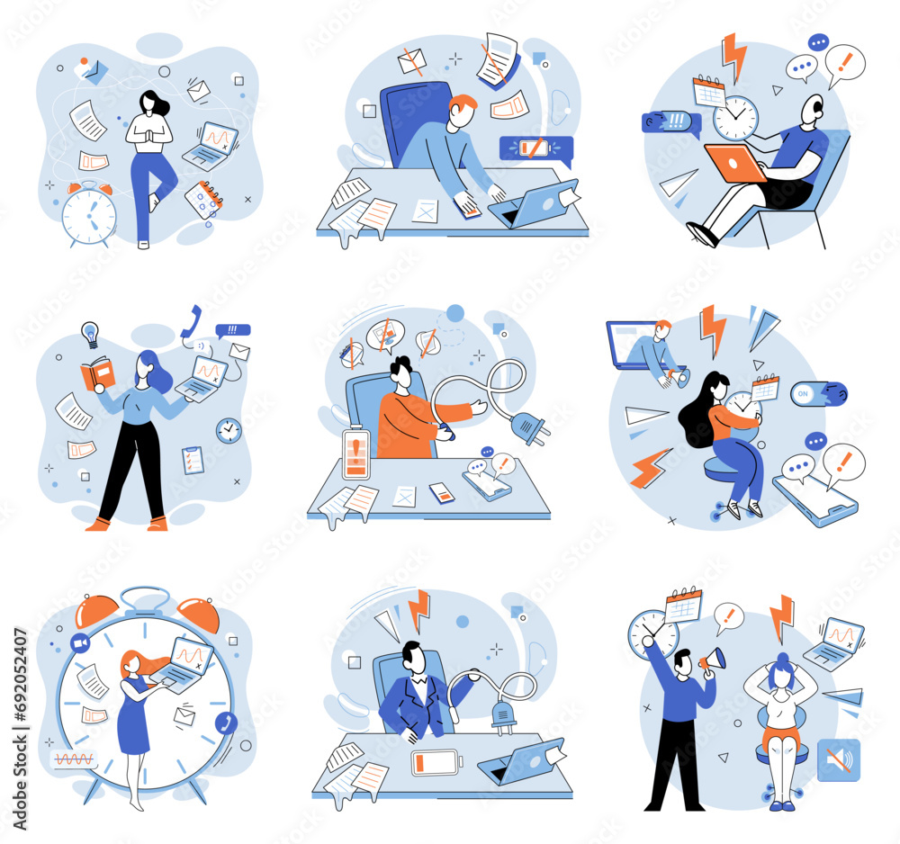 Fototapeta premium Busy employee vector illustration. In corporate setting, completing tasks on time is essential for success Managing busy career can contribute to feelings anxiety and stress Serious and stressful